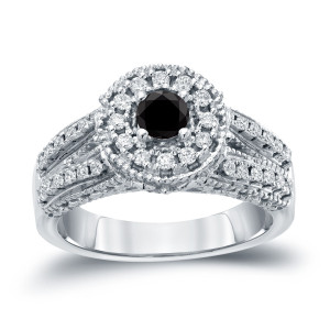 Custom Yaffie ™ Halo Diamond Engagement Ring with Black Round 3/4ct TDW Gold
