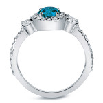 Blue Diamond 3-Stone Halo Engagement Ring with Yaffie Gold 0.75ct Total Diamond Weight