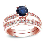 Blue Sapphire and Round Diamond Bridal Ring Set with Yaffie Gold, totaling 1ct TDW