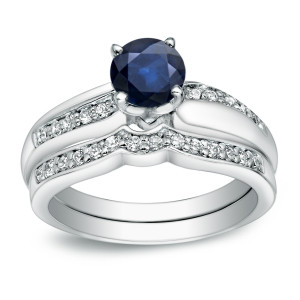 Blue Sapphire and Round Diamond Bridal Ring Set with Yaffie Gold, totaling 1ct TDW