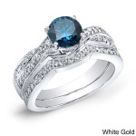 Stunning Blue and White Diamond Bridal Ring Set with Yaffie Gold, 0.75ct Total Diamond Weight