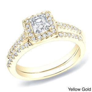 Certified Princess Diamond Halo Bridal Ring Set - Yaffie Gold (3/4ct TDW)