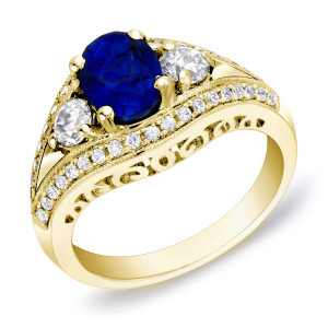 Gold Sapphire and Diamond Engagement Ring with Yaffie Flair - 0.75ct TDW