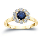 Blue Sapphire and Diamond Halo Engagement Ring with Yaffie Gold