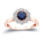 Blue Sapphire and Diamond Halo Engagement Ring with Yaffie Gold