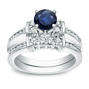 Blue Sapphire and Diamond Bridal Ring Set with Yaffie Gold Sparkle
