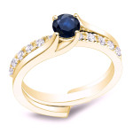 Gold Bridal Ring Set with Brilliant Blue Sapphire and Dazzling Round Diamond Totaling 0.8ct