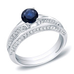 Gold Bridal Ring Set with Brilliant Blue Sapphire and Dazzling Round Diamond Totaling 0.8ct