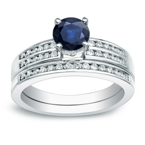 Blue Sapphire and Diamond Bridal Set with Gold Sparkle - 3/5ct Sapphire, 2/5ct TDW Diamonds!
