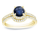 Bridal Ring Set Featuring Yaffie Gold, Blue Sapphire, and Round Diamonds.