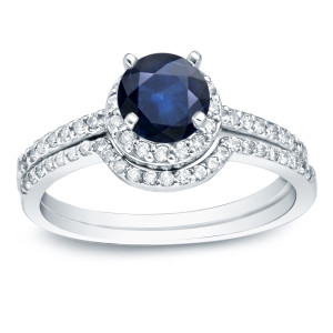 Bridal Ring Set Featuring Yaffie Gold, Blue Sapphire, and Round Diamonds.