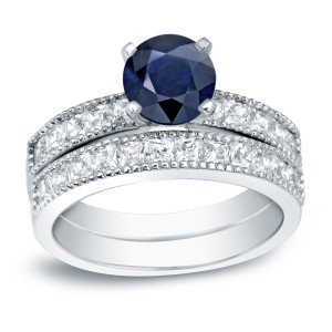 Gold Bridal Set with 4/5ct Blue Sapphire & 1 1/5ct TDW Round Diamonds by Yaffie.