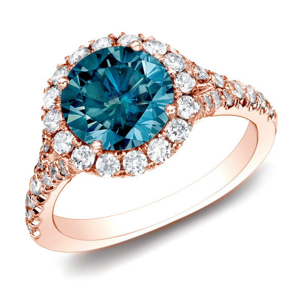 Rose Gold Blue Diamond Ring with 1.5ct TDW Halo by Yaffie