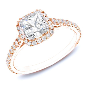 Certified Cushion Diamond Halo Engagement Ring with Yaffie Elegant Rose Gold and 1 1/2 Carat Total Diamond Weight.