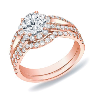 Rose Gold Halo Diamond Engagement Ring Set - 1 1/2ct & Certified, with Round Cut Diamond Detail by Yaffie.