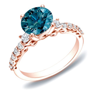 Rose Gold Blue Diamond Solitaire Ring, 1.4ct Total Diamond Weight by Yaffie