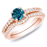 Rose Gold Bridal Ring Set with Stunning 1ct Blue Diamonds from Yaffie