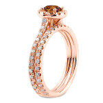 Rose Gold Halo Bridal Ring Set with 1ct Brown Round Diamond by Yaffie