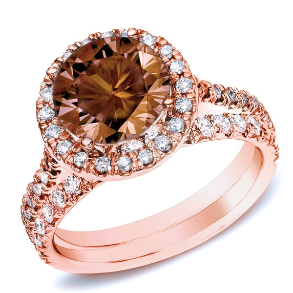 Rose Gold Halo Bridal Ring Set with 1ct Brown Round Diamond by Yaffie