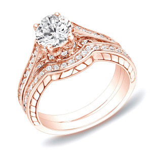 Certified Diamond Bridal Set with Rose Gold Curved Band - 1ct TDW