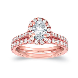 Certified Oval Diamond Halo Bridal Ring Set with 1ct TDW in Yaffie Rose Gold