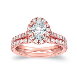 Certified Oval Diamond Halo Bridal Ring Set, adorned in Yaffie Rose Gold with 1ct TDW.