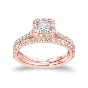 Rose Gold 1ct TDW Certified Princess Diamond Halo Bridal Ring Set - Custom Made By Yaffie™