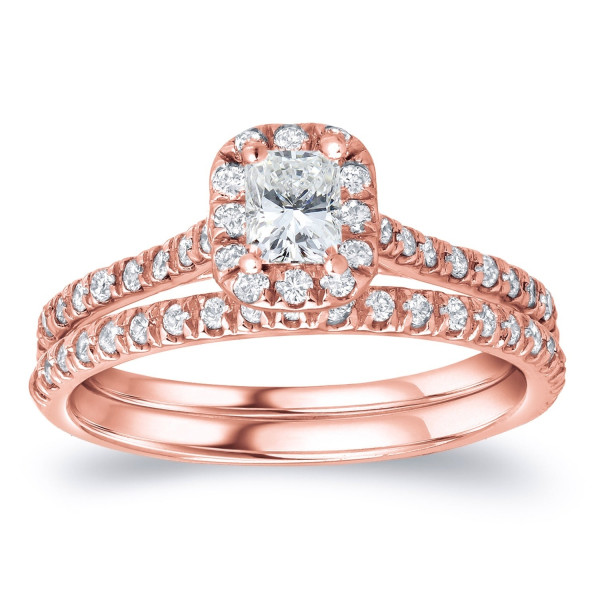 Radiant Diamond Halo Bridal Ring Set - Yaffie Rose Gold, 1ct TDW Certified