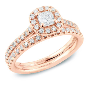 Rose Gold Cushion Diamond Halo Bridal Set with 1ct Total Diamond Weight from Yaffie