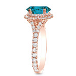 Rose Gold Yaffie Ring with Blue Halo Round Diamond, 2ct Total Diamond Weight
