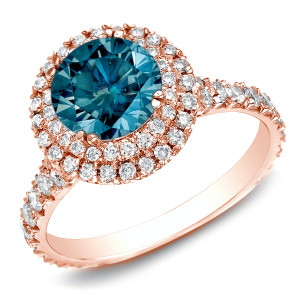Rose Gold Yaffie Ring with Blue Halo Round Diamond, 2ct Total Diamond Weight