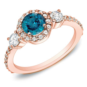 3-stone Halo Blue Diamond Engagement Ring with Yaffie Rose Gold and 3/4ct TDW