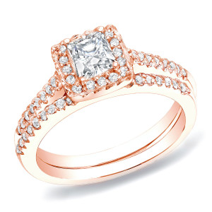 Rose Gold Princess Diamond Bridal Ring Set with 3/4ct Total Diamond Weight by Yaffie