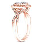 Rose Gold Emerald Halo Diamond Ring with 4/5 ct Total Diamond Weight and Split Shank Design by Yaffie
