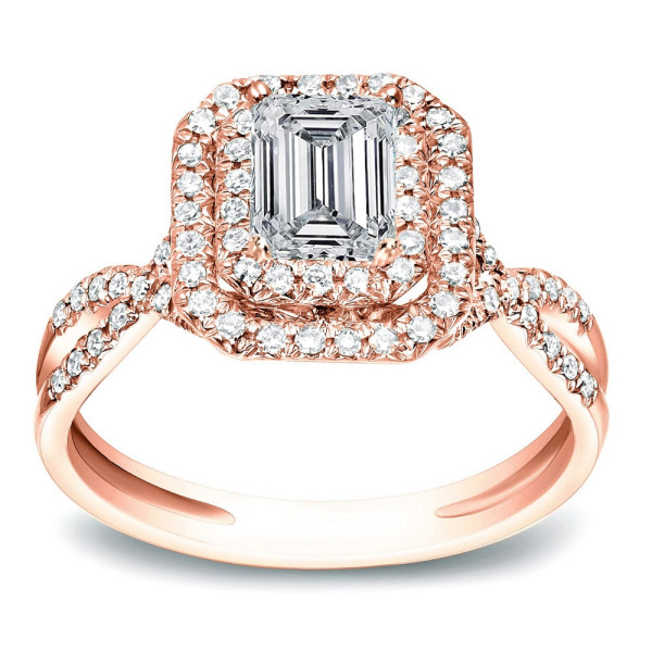 Rose Gold Emerald Halo Diamond Ring with 4/5 ct Total Diamond Weight and Split Shank Design by Yaffie