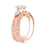 Certified Diamond Wheat Carved Bridal Ring Set with Yaffie Rose Gold 3-Stone Sparkle (4/5 ct TDW).