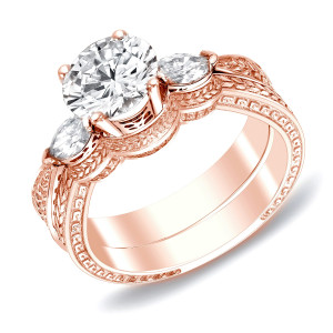 Certified Diamond Trio Wheat Carved Bridal Ring Set in Yaffie Rose Gold