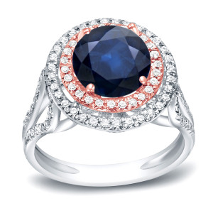 Amp up your sparkle with the Yaffie Blue Sapphire and Diamond Double Halo Ring in Two-Tone Gold.