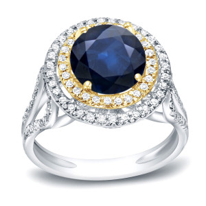 Amp up your sparkle with the Yaffie Blue Sapphire and Diamond Double Halo Ring in Two-Tone Gold.