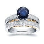 Blue and White Sparkle: Yaffie Dual-Tone Bridal Ring Set with 1ct Blue Sapphire and 3/4ct Diamond