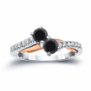 Yaffie ™ Handcrafted Two-Tone Gold 2-Stone Black Diamond Engagement Ring boasts 3/4ct TDW & Round Cut Brilliance.