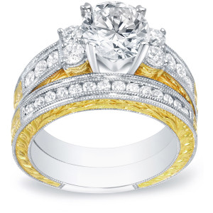 Certified 2ct TDW Three Stone Diamond Bridal Set with Stunning Two-Tone Gold Design by Yaffie.