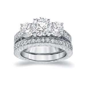 Certified Filigree Bridal Ring Set with 3 White Gold Stones, 1 1/2ct by Yaffie