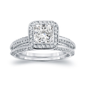Certified Princess-cut Diamond Halo Bridal Ring Set with Yaffie 1 1/2ct TDW White Gold Sparkle
