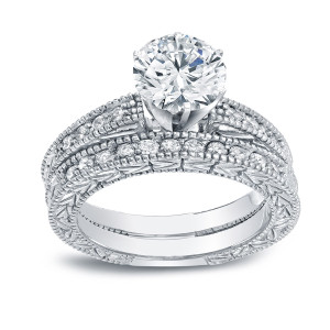 Vintage Style Bridal Set with Certified Round-cut White Gold Diamond, 1 1/2ct TDW - Yaffie