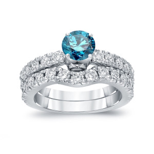 Blue Brilliance: Yaffie White Gold Bridal Ring Set with 1 1/2ct TDW Round Cut Blue Diamond