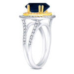 Elegant Blue Sapphire and Diamond Ring with White Gold Finish