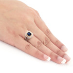 Elegant Blue Sapphire and Diamond Ring with White Gold Finish