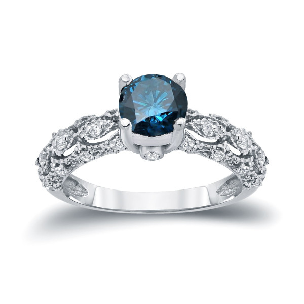 Blue and White Diamond Engagement Ring with 1 1/4ct TW in Yaffie White Gold