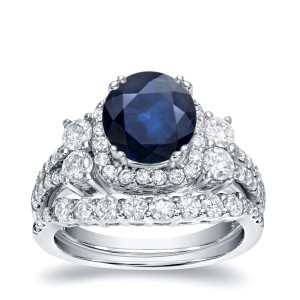 1ct Blue Sapphire and 1 1/3ct TDW Round Diamond Bridal Ring Set in Yaffie White Gold